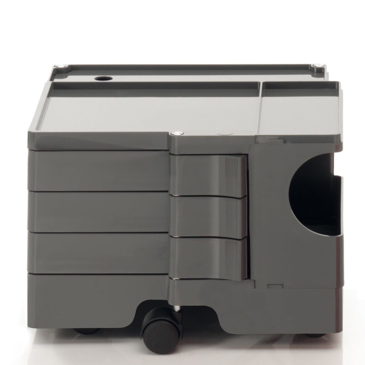 Grauer Boby Rollcontainer mit Schubladen und Ablageflächen auf Rollen. Büro Rollcontainer für Ordnung.